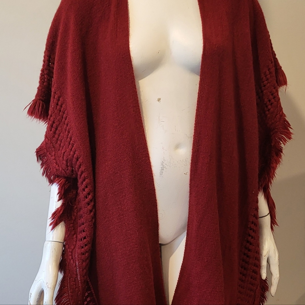 Fringed Burgundy Knit Ruana